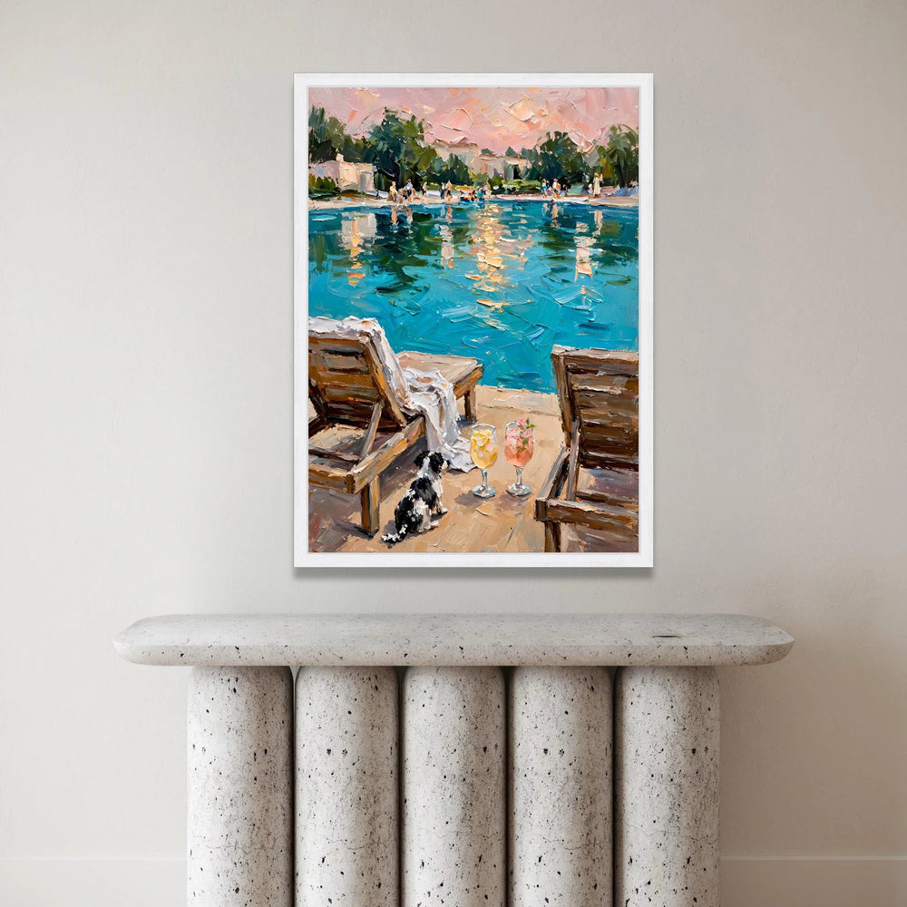 David Hockney Style Poolside Scene Canvas Wall Art, Relaxing Summer Landscape, Vibrant Water Reflection, Contemporary Canvas Print Art