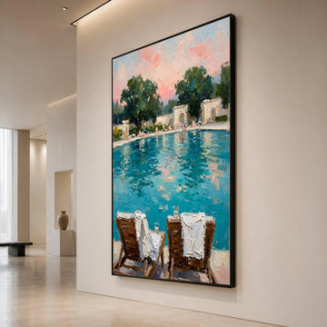 David Hockney Style Poolside Scene Canvas, Vibrant Summer Landscape Wall Art, Leisure Patio Chairs Print, Modern Canvas Print Art