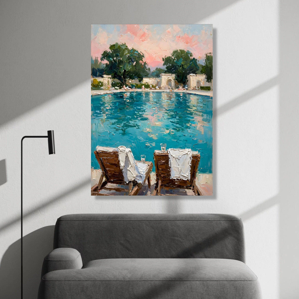 David Hockney Style Poolside Scene Canvas, Vibrant Summer Landscape Wall Art, Leisure Patio Chairs Print, Modern Canvas Print Art