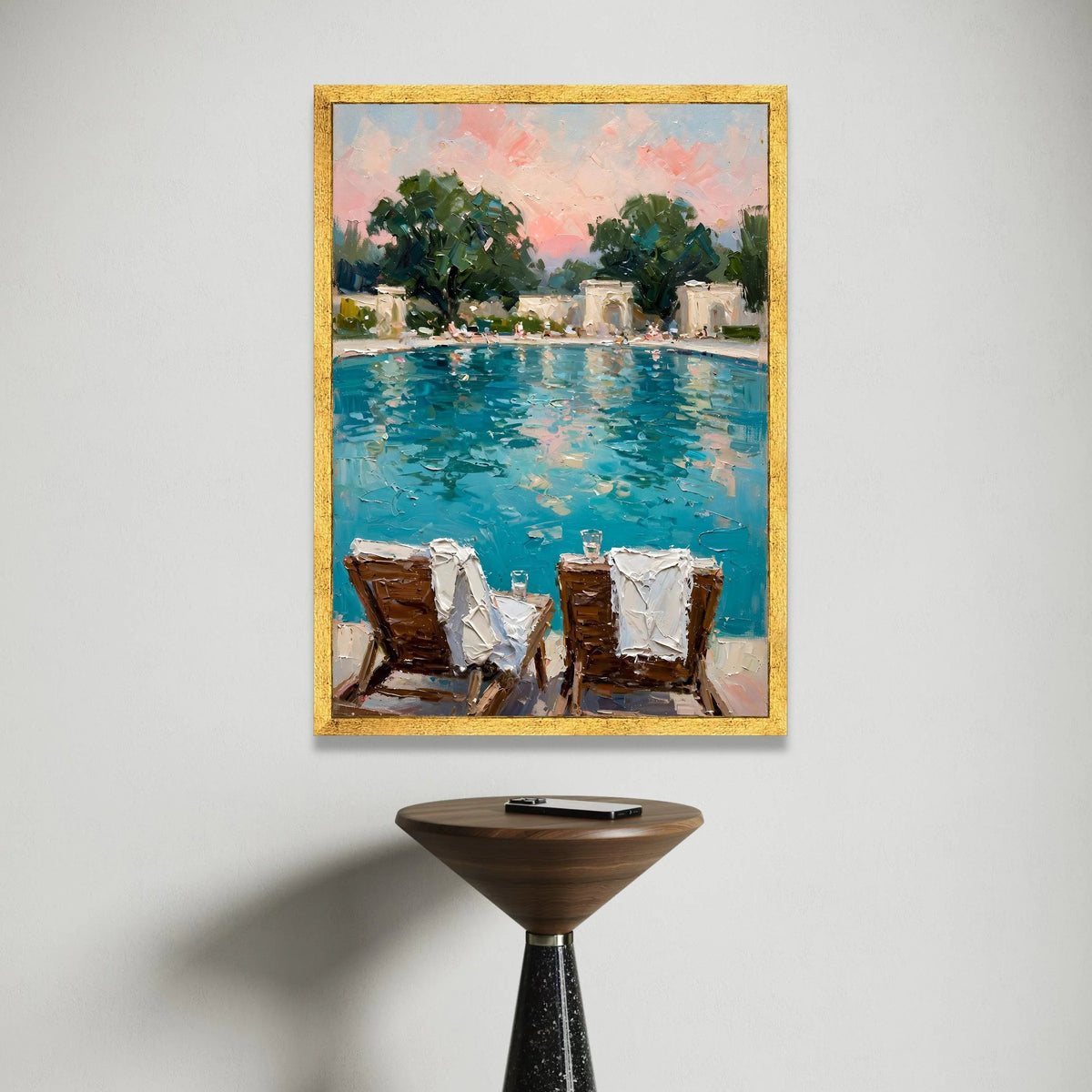 David Hockney Style Poolside Scene Canvas, Vibrant Summer Landscape Wall Art, Leisure Patio Chairs Print, Modern Canvas Print Art