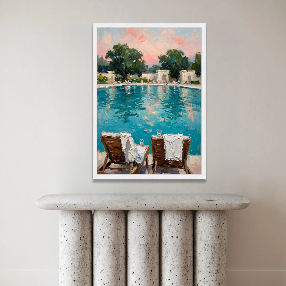 David Hockney Style Poolside Scene Canvas, Vibrant Summer Landscape Wall Art, Leisure Patio Chairs Print, Modern Canvas Print Art