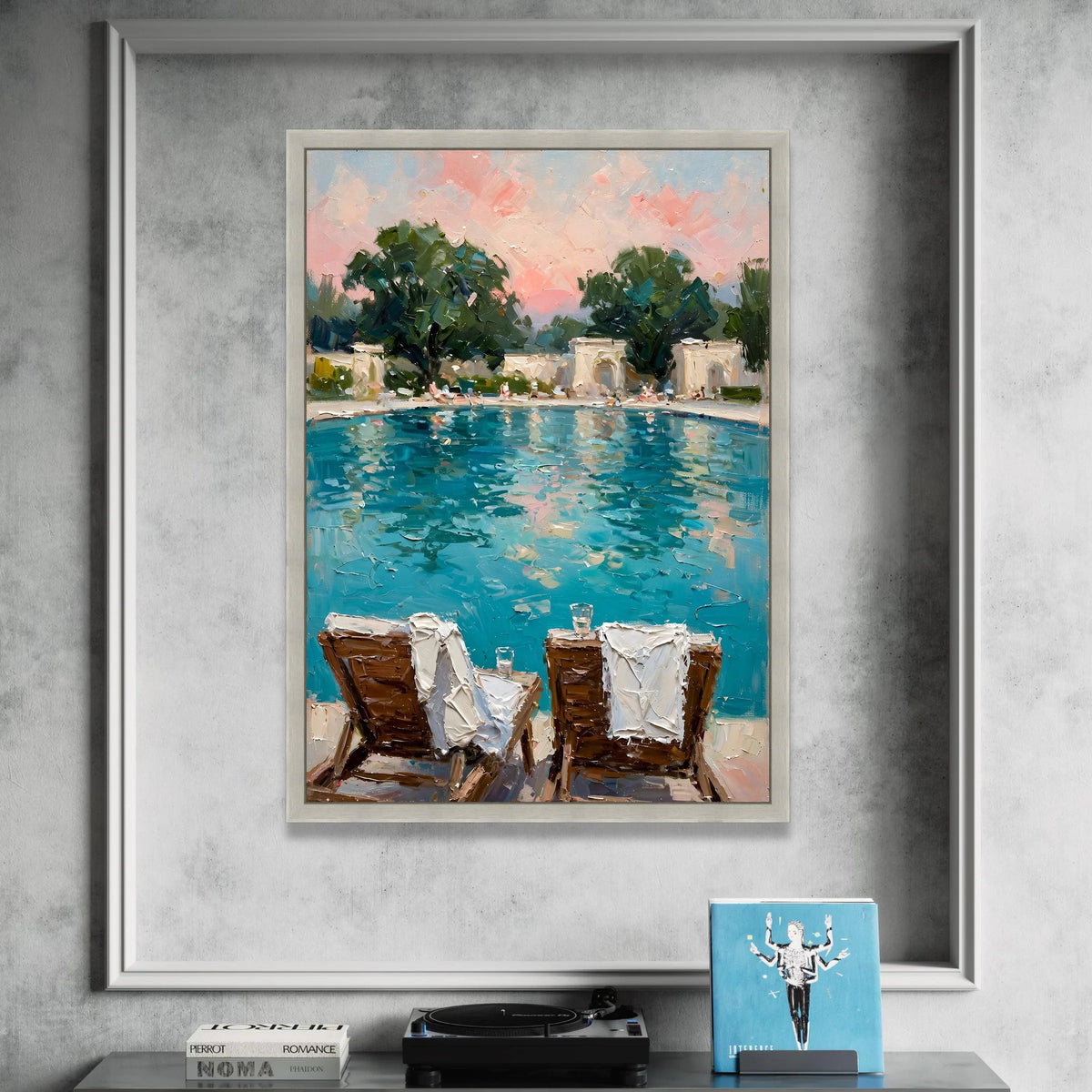 David Hockney Style Poolside Scene Canvas, Vibrant Summer Landscape Wall Art, Leisure Patio Chairs Print, Modern Canvas Print Art