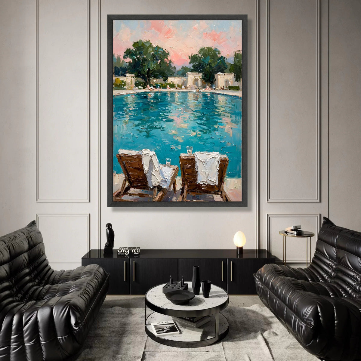 David Hockney Style Poolside Scene Canvas, Vibrant Summer Landscape Wall Art, Leisure Patio Chairs Print, Modern Canvas Print Art