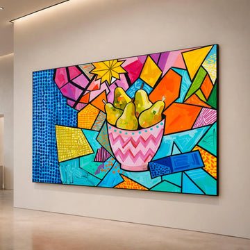 David Hockney Style Bright Geometric Pears Bowl Canvas, Colorful Pop Art Wall Decoration Canvas Print Art