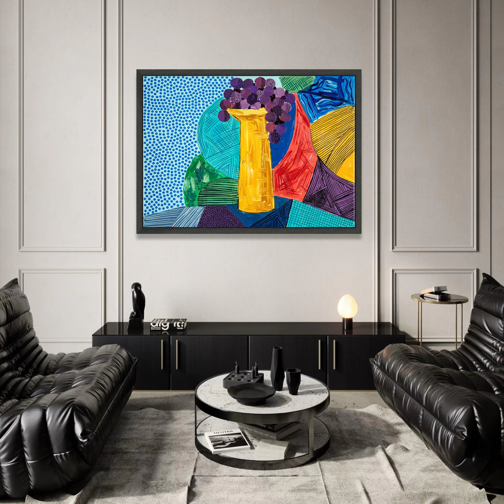 David Hockney Style Abstract Still Life Canvas, Colorful Vase and Grapes, Modern Pop Art Wall Decor, Contemporary Home Canvas Print Art