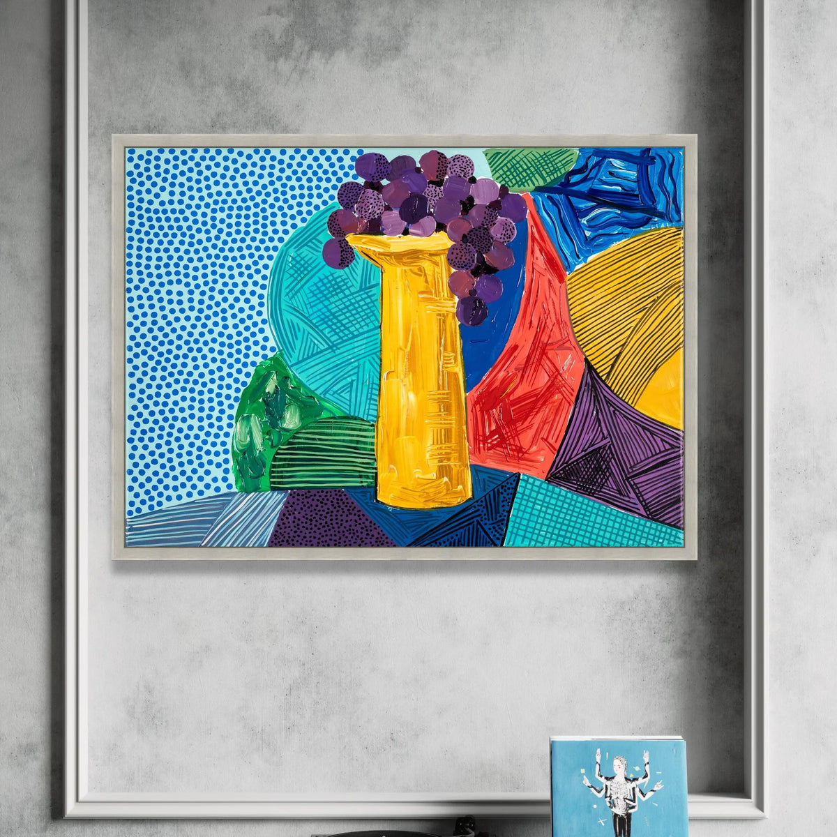David Hockney Style Abstract Still Life Canvas, Colorful Vase and Grapes, Modern Pop Art Wall Decor, Contemporary Home Canvas Print Art
