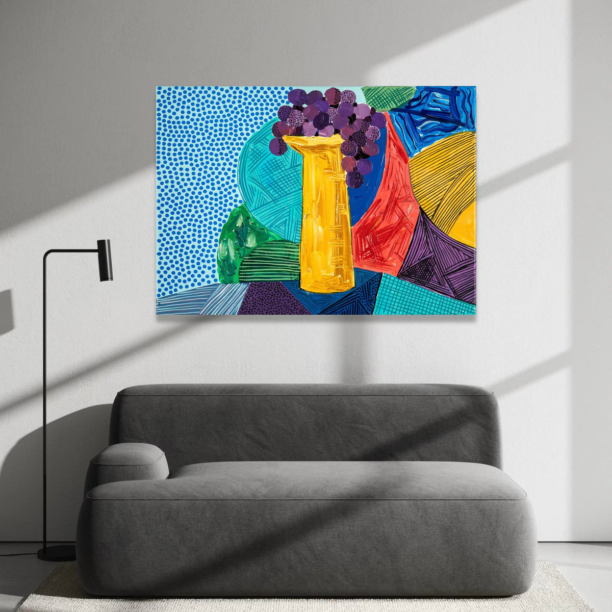 David Hockney Style Abstract Still Life Canvas, Colorful Vase and Grapes, Modern Pop Art Wall Decor, Contemporary Home Canvas Print Art