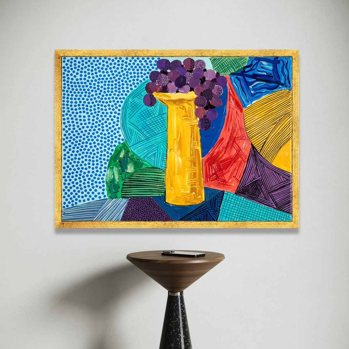 David Hockney Style Abstract Still Life Canvas, Colorful Vase and Grapes, Modern Pop Art Wall Decor, Contemporary Home Canvas Print Art