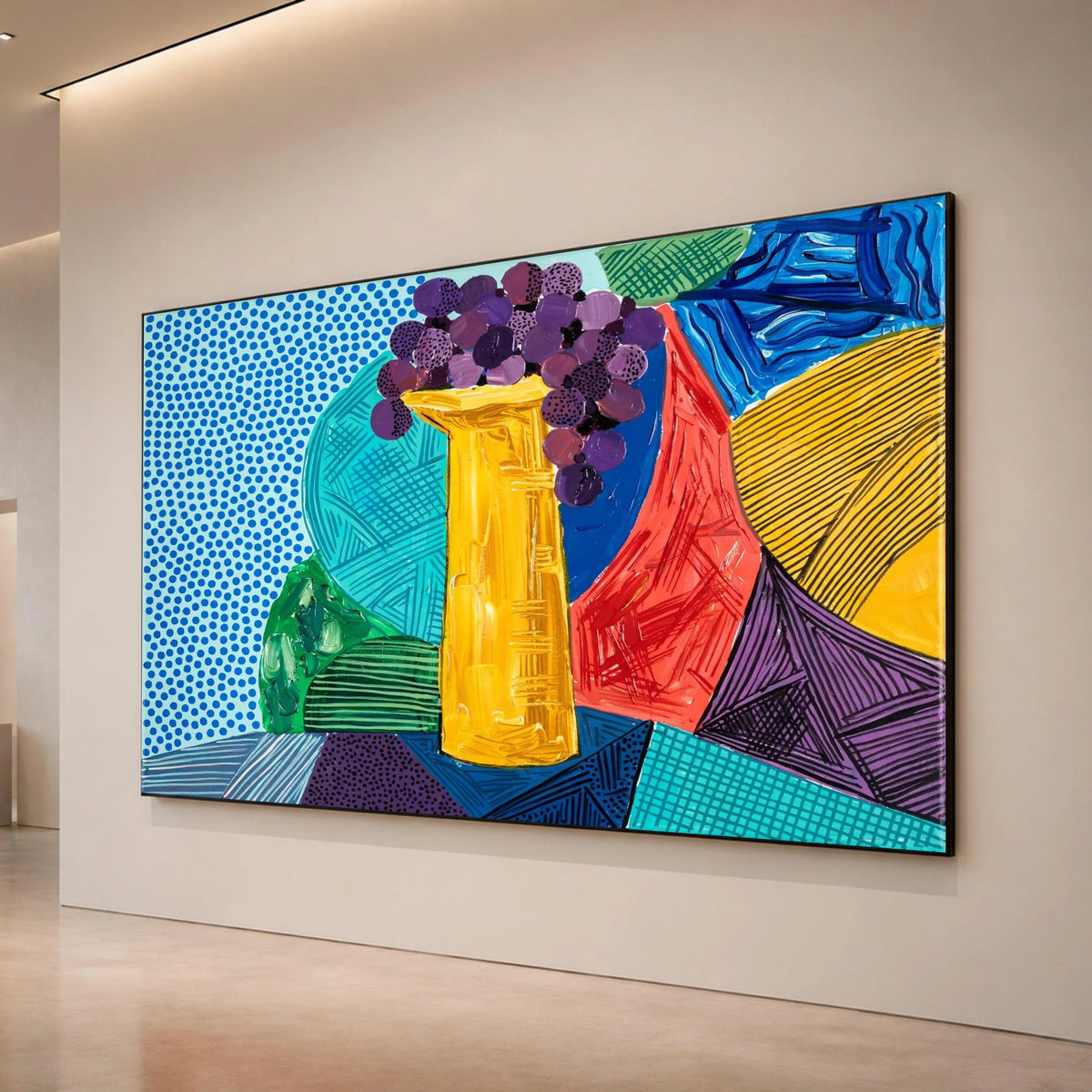 David Hockney Style Abstract Still Life Canvas, Colorful Vase and Grapes, Modern Pop Art Wall Decor, Contemporary Home Canvas Print Art