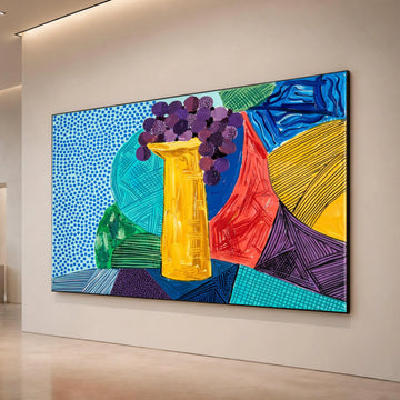 David Hockney Style Abstract Still Life Canvas, Colorful Vase and Grapes, Modern Pop Art Wall Decor, Contemporary Home Canvas Print Art