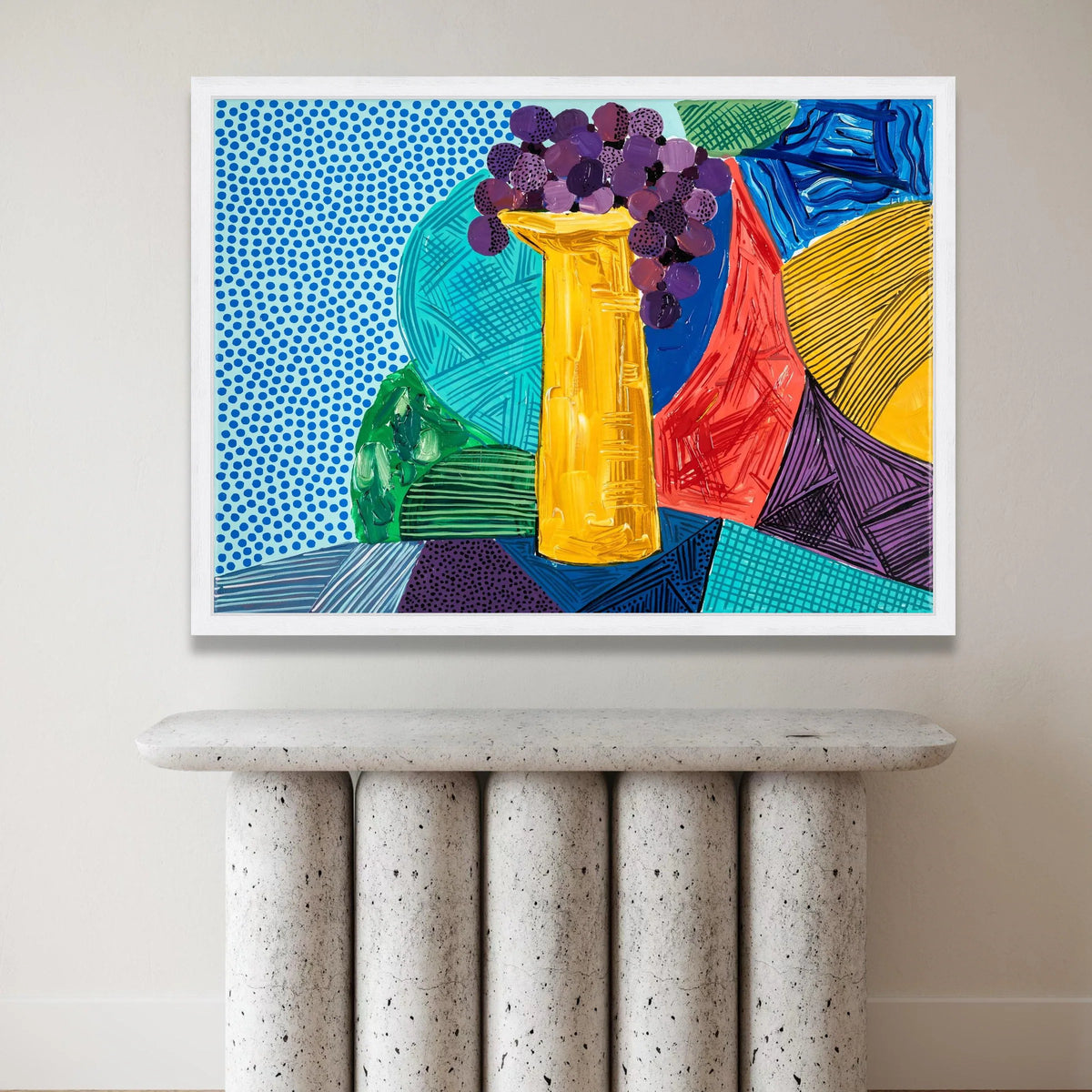 David Hockney Style Abstract Still Life Canvas, Colorful Vase and Grapes, Modern Pop Art Wall Decor, Contemporary Home Canvas Print Art