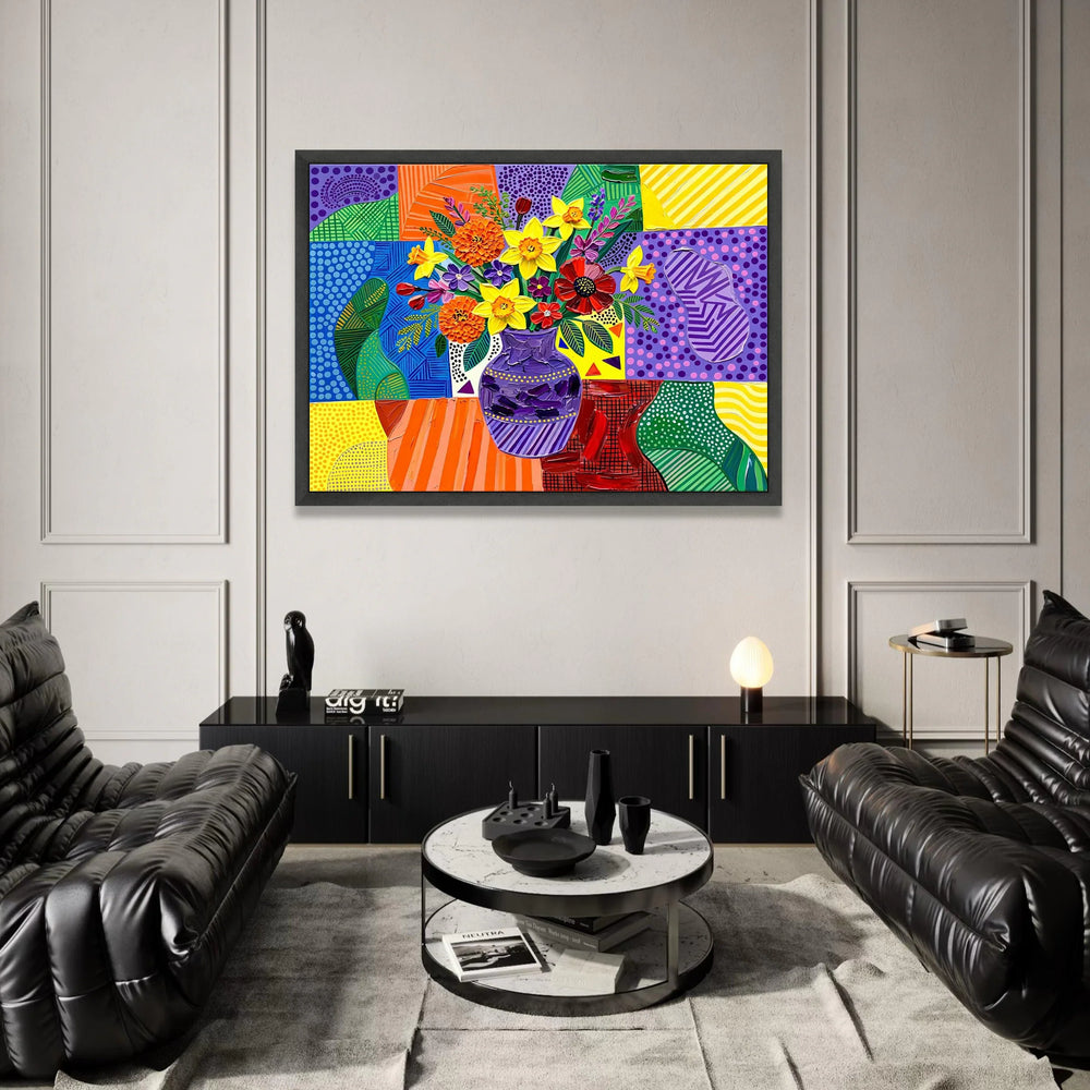 David Hockney Style Floral Bouquet Canvas Wall Art, Colorful Geometric Vase Painting, Modern Pop Art Flower Still Life, Canvas Print Art