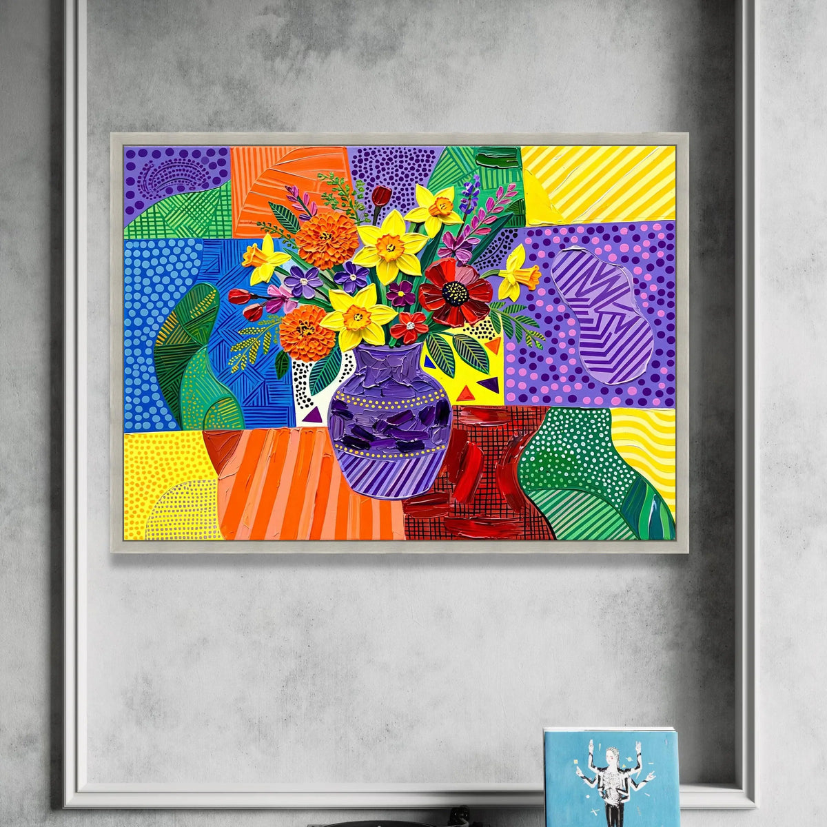 David Hockney Style Floral Bouquet Canvas Wall Art, Colorful Geometric Vase Painting, Modern Pop Art Flower Still Life, Canvas Print Art