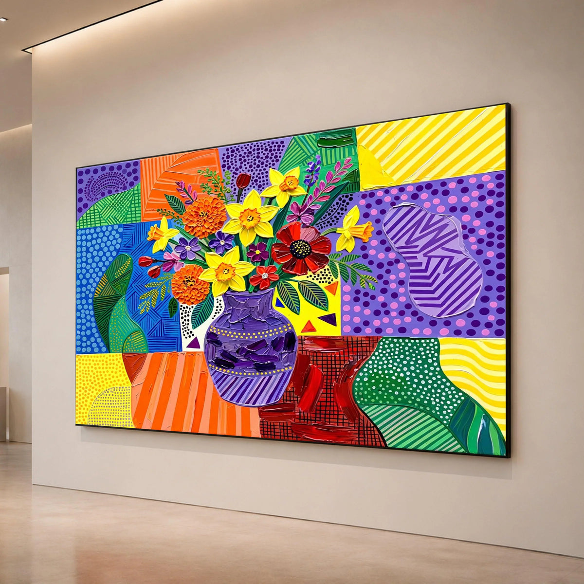 David Hockney Style Floral Bouquet Canvas Wall Art, Colorful Geometric Vase Painting, Modern Pop Art Flower Still Life, Canvas Print Art