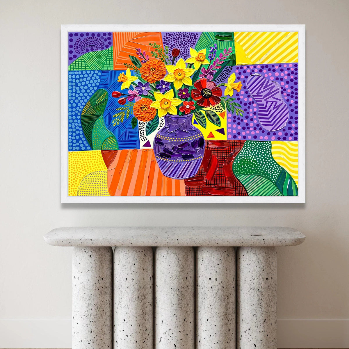 David Hockney Style Floral Bouquet Canvas Wall Art, Colorful Geometric Vase Painting, Modern Pop Art Flower Still Life, Canvas Print Art