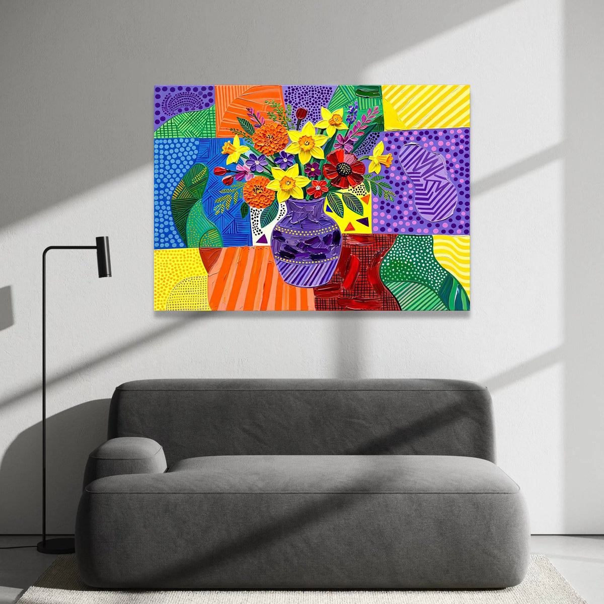 David Hockney Style Floral Bouquet Canvas Wall Art, Colorful Geometric Vase Painting, Modern Pop Art Flower Still Life, Canvas Print Art
