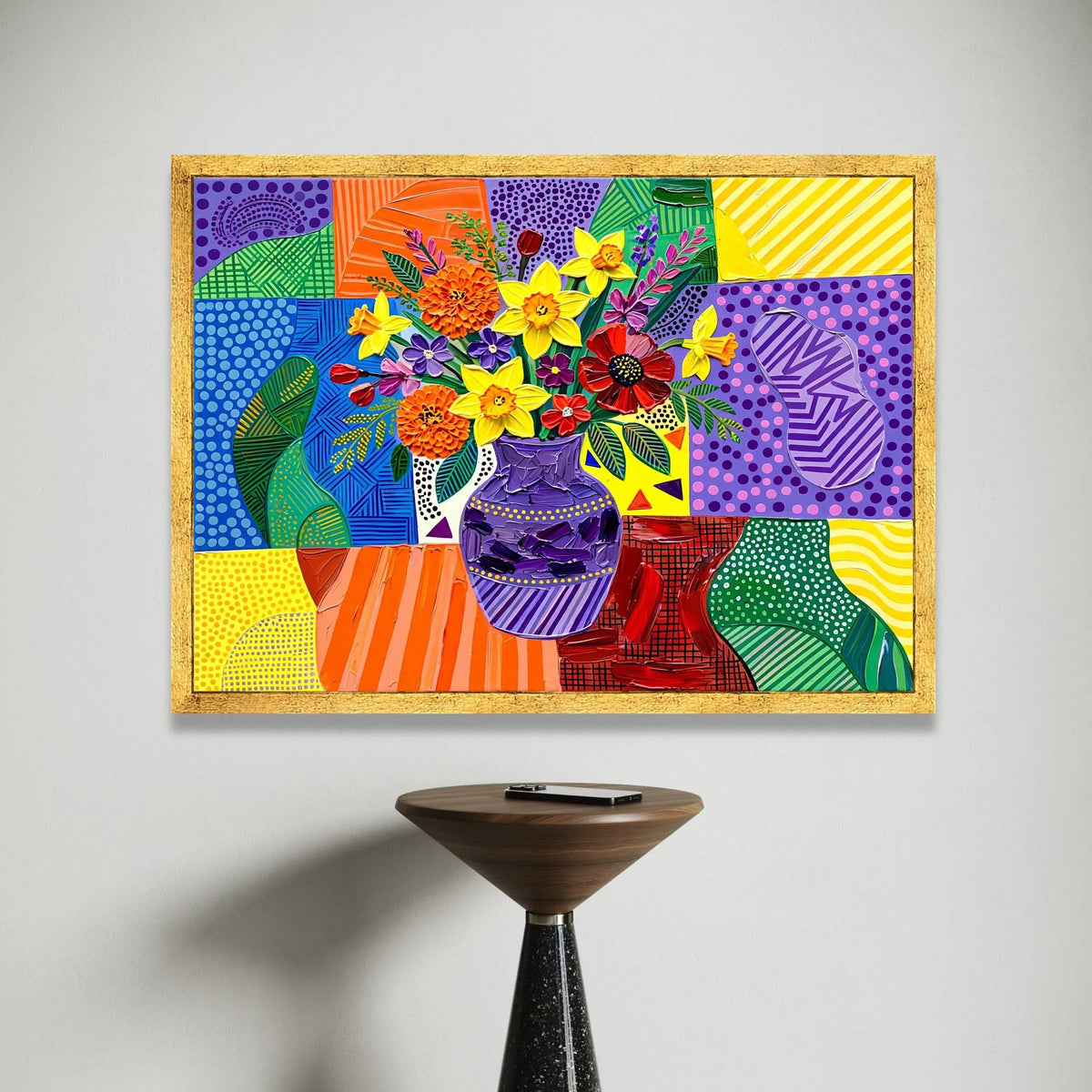 David Hockney Style Floral Bouquet Canvas Wall Art, Colorful Geometric Vase Painting, Modern Pop Art Flower Still Life, Canvas Print Art
