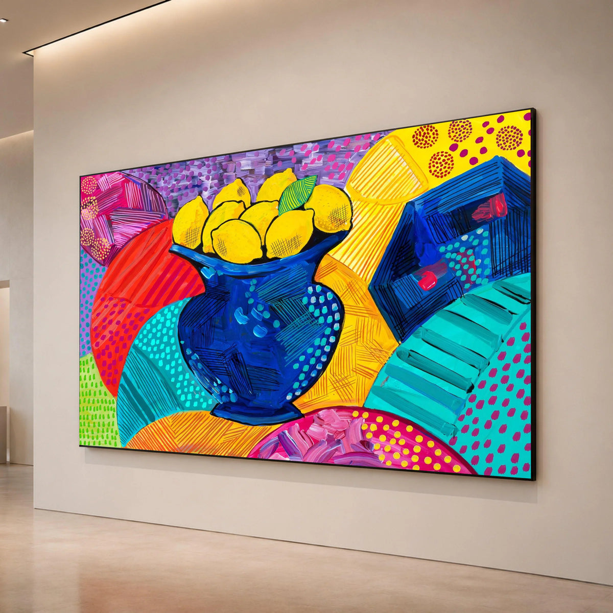 David Hockney Style Vibrant Lemons Canvas, Modern Pop Art Fruit Vase Wall Art, Colorful Abstract Home Decor Canvas Print Art