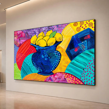 David Hockney Style Vibrant Lemons Canvas, Modern Pop Art Fruit Vase Wall Art, Colorful Abstract Home Decor Canvas Print Art