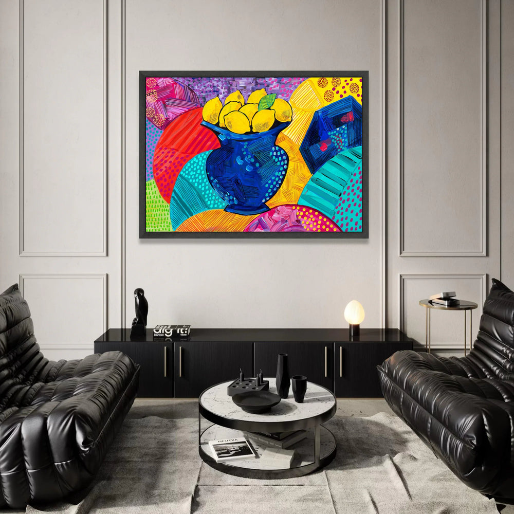 David Hockney Style Vibrant Lemons Canvas, Modern Pop Art Fruit Vase Wall Art, Colorful Abstract Home Decor Canvas Print Art