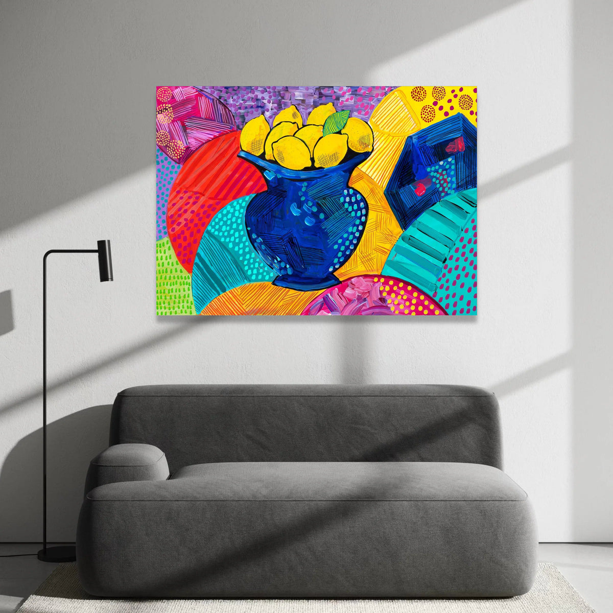 David Hockney Style Vibrant Lemons Canvas, Modern Pop Art Fruit Vase Wall Art, Colorful Abstract Home Decor Canvas Print Art