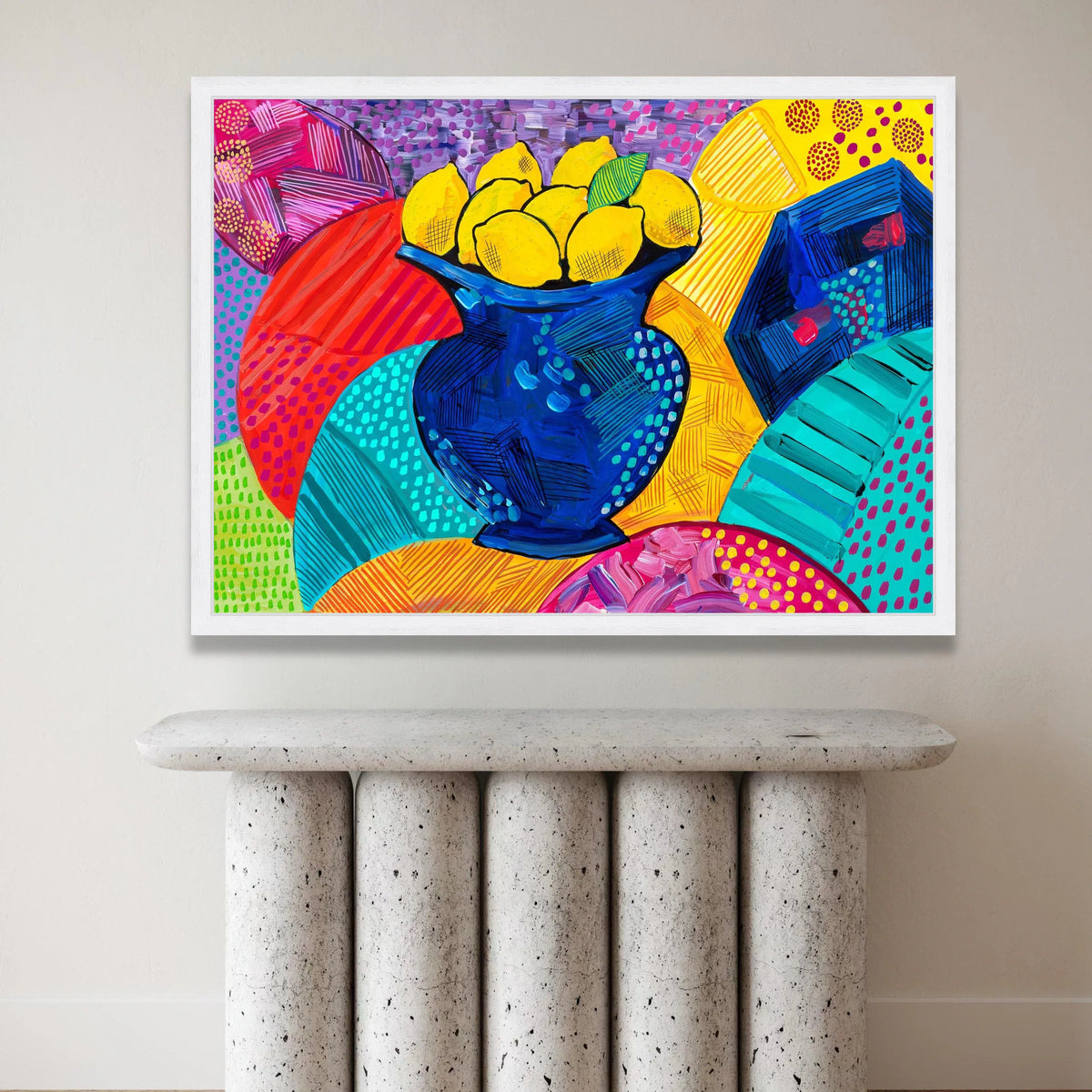 David Hockney Style Vibrant Lemons Canvas, Modern Pop Art Fruit Vase Wall Art, Colorful Abstract Home Decor Canvas Print Art
