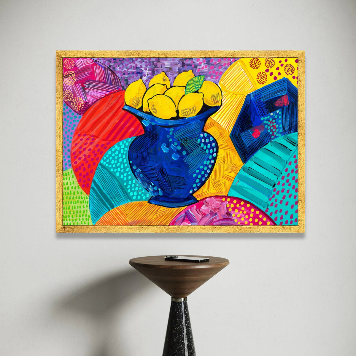 David Hockney Style Vibrant Lemons Canvas, Modern Pop Art Fruit Vase Wall Art, Colorful Abstract Home Decor Canvas Print Art