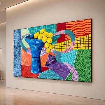 David Hockney Style Blue Vase with Yellow Flowers Canvas, Contemporary Abstract Wall Art, Colorful Modern Floral Decoration Canvas Print Art