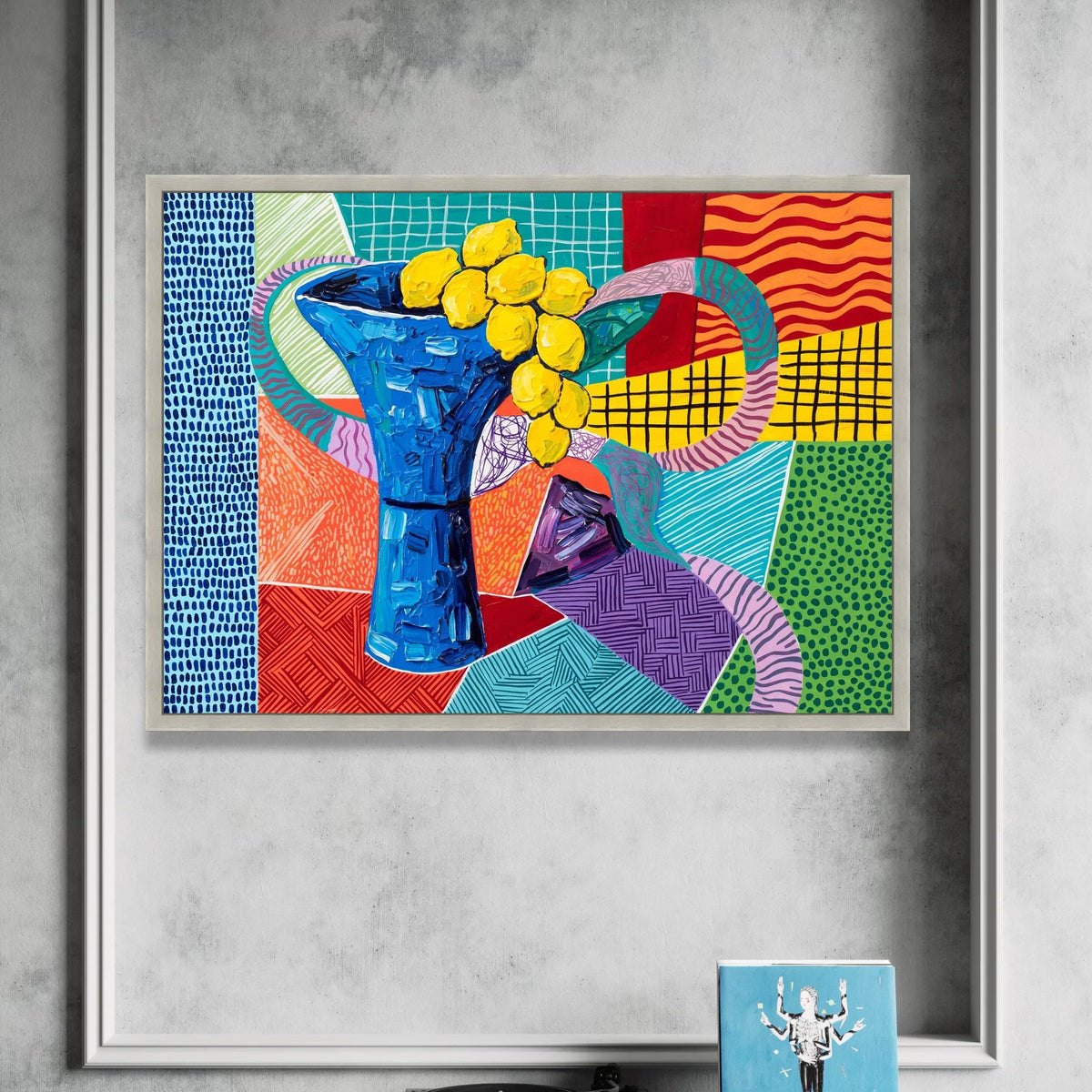 David Hockney Style Blue Vase with Yellow Flowers Canvas, Contemporary Abstract Wall Art, Colorful Modern Floral Decoration Canvas Print Art