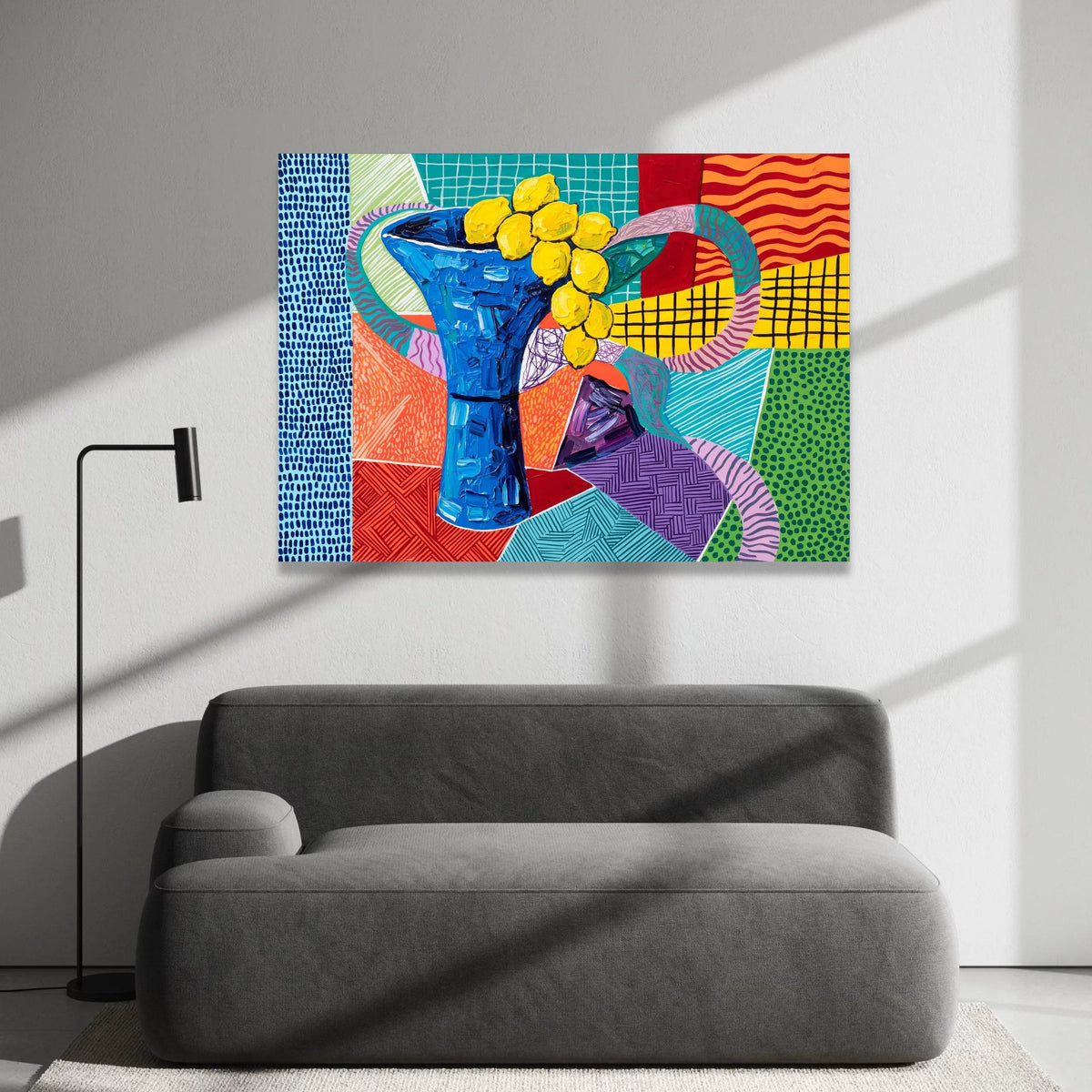 David Hockney Style Blue Vase with Yellow Flowers Canvas, Contemporary Abstract Wall Art, Colorful Modern Floral Decoration Canvas Print Art