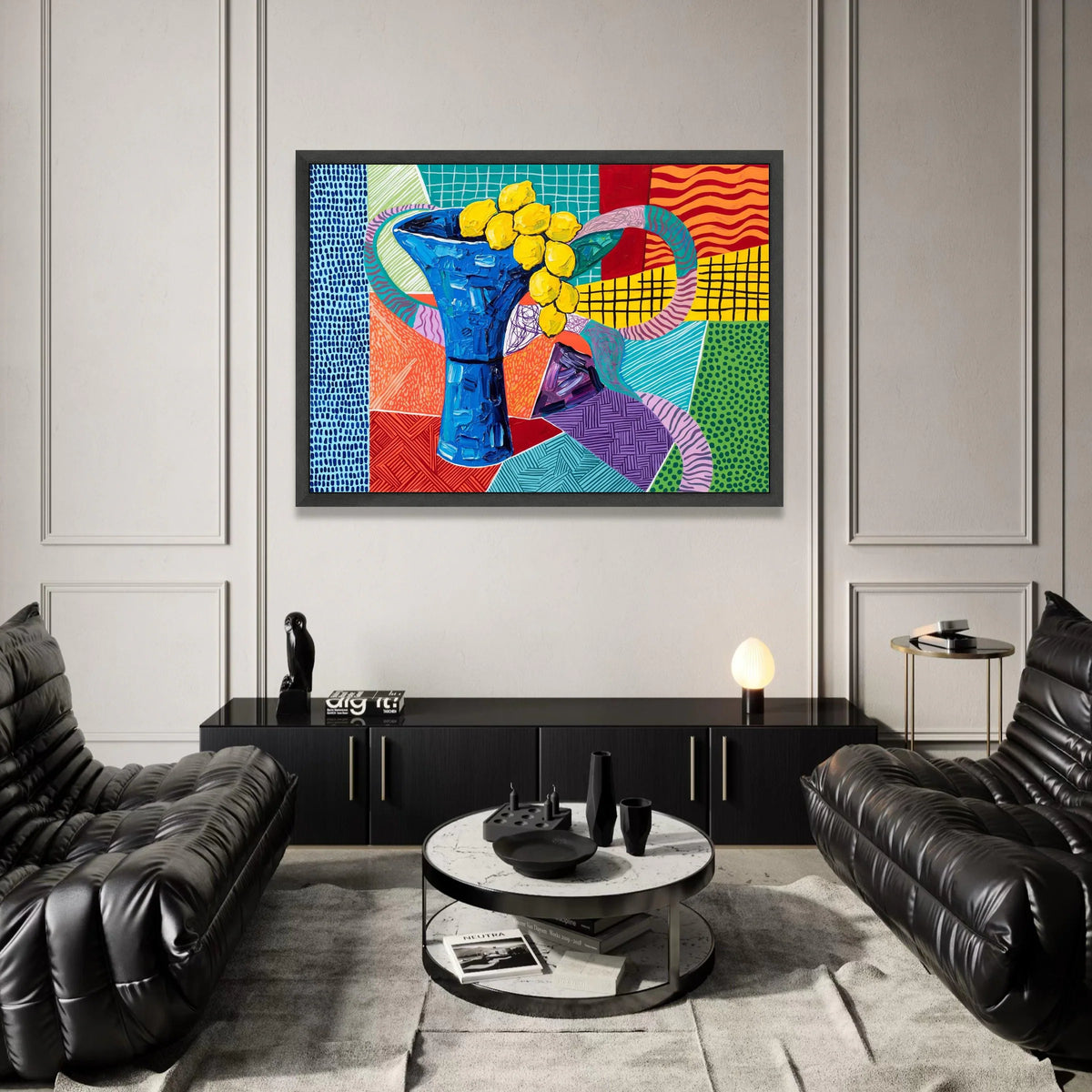 David Hockney Style Blue Vase with Yellow Flowers Canvas, Contemporary Abstract Wall Art, Colorful Modern Floral Decoration Canvas Print Art