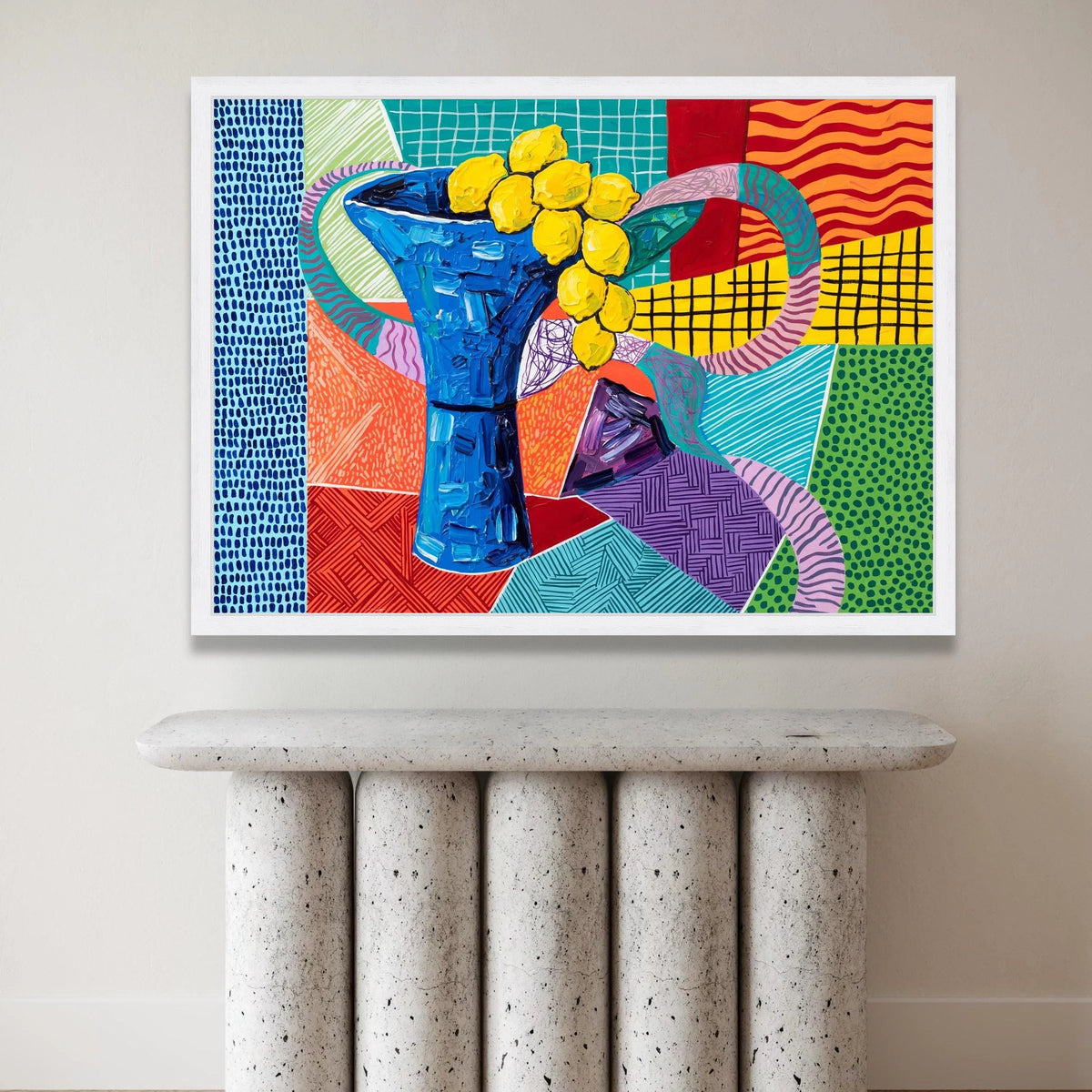 David Hockney Style Blue Vase with Yellow Flowers Canvas, Contemporary Abstract Wall Art, Colorful Modern Floral Decoration Canvas Print Art