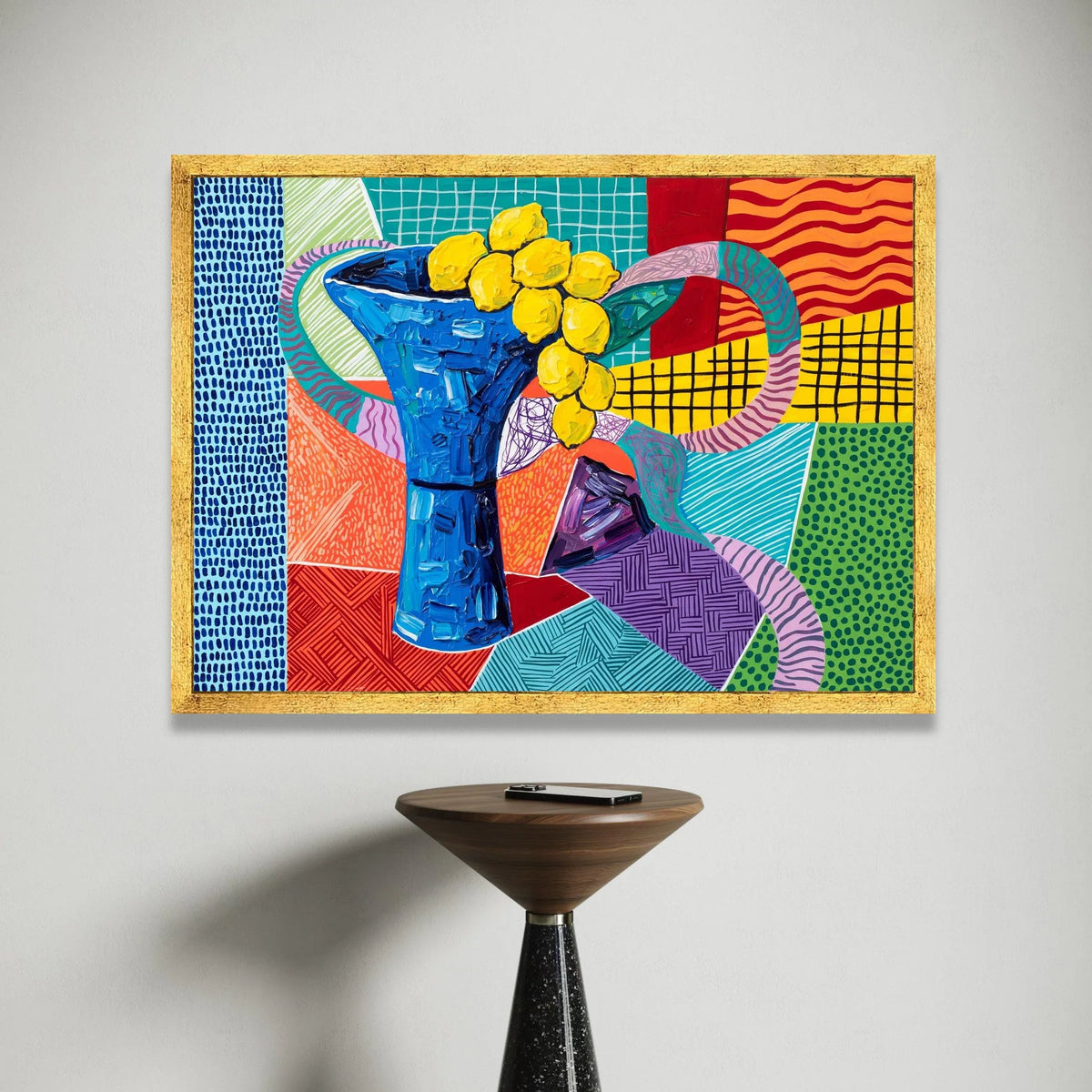 David Hockney Style Blue Vase with Yellow Flowers Canvas, Contemporary Abstract Wall Art, Colorful Modern Floral Decoration Canvas Print Art