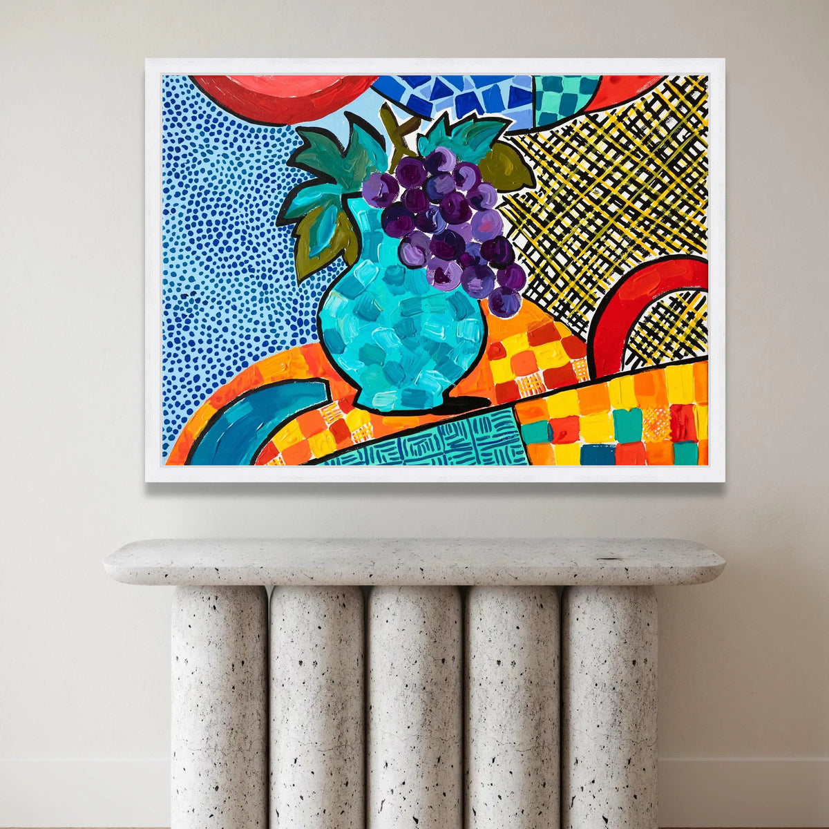 Vibrant David Hockney Style Still Life Canvas, Colorful Abstract Vase and Grapes Wall Art, Modern Pop Art Home Decoration Canvas Print Art