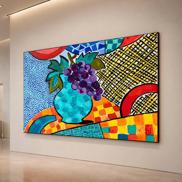 Vibrant David Hockney Style Still Life Canvas, Colorful Abstract Vase and Grapes Wall Art, Modern Pop Art Home Decoration Canvas Print Art