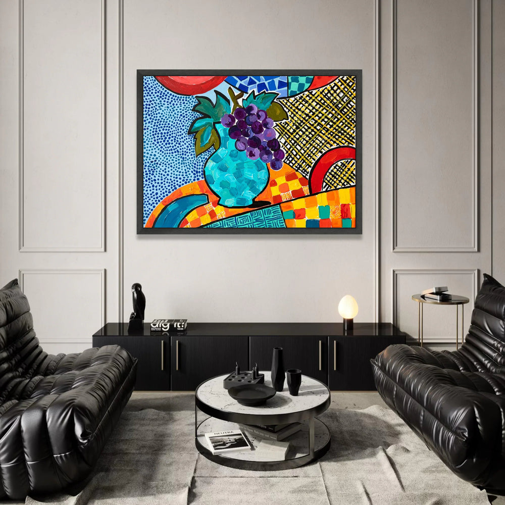 Vibrant David Hockney Style Still Life Canvas, Colorful Abstract Vase and Grapes Wall Art, Modern Pop Art Home Decoration Canvas Print Art