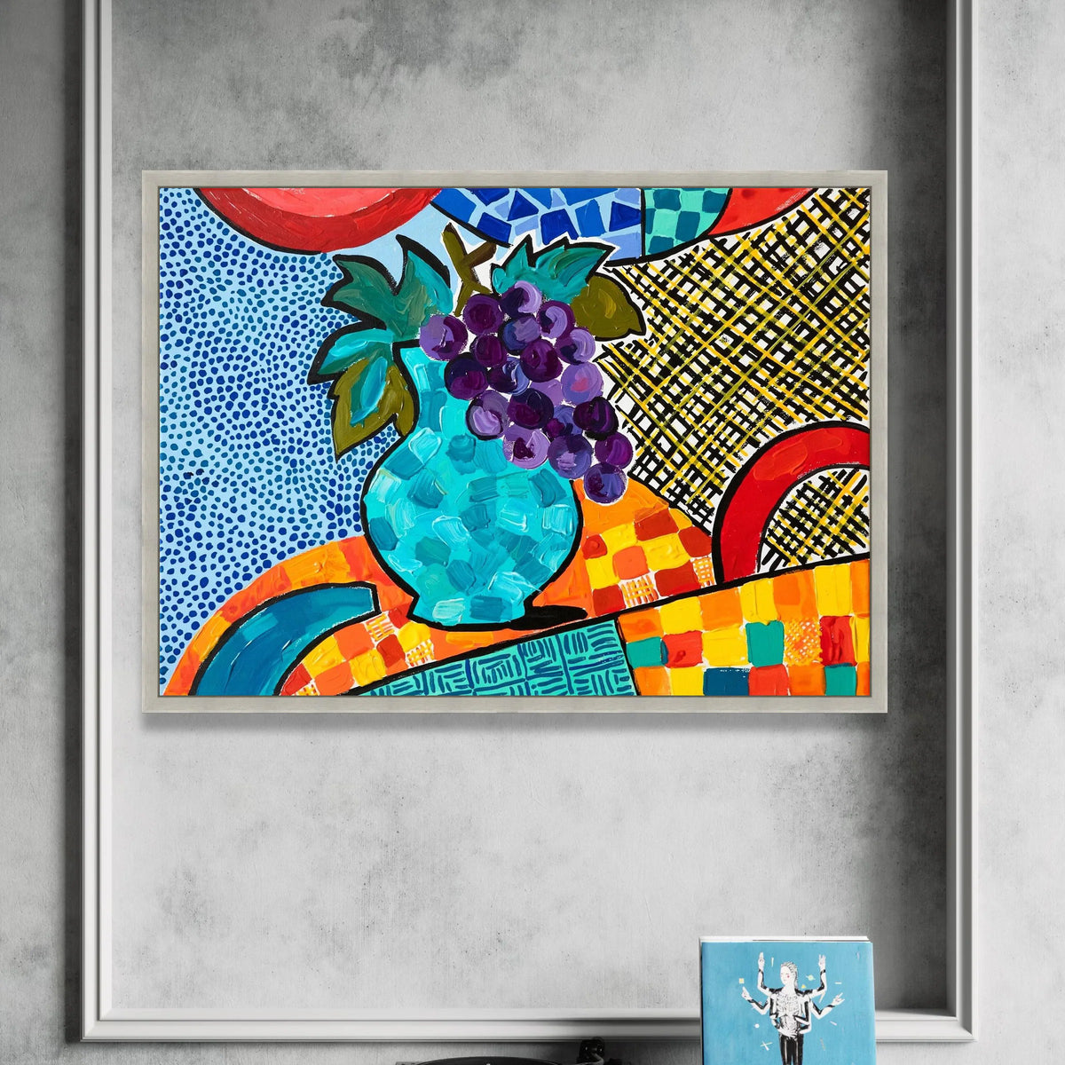 Vibrant David Hockney Style Still Life Canvas, Colorful Abstract Vase and Grapes Wall Art, Modern Pop Art Home Decoration Canvas Print Art