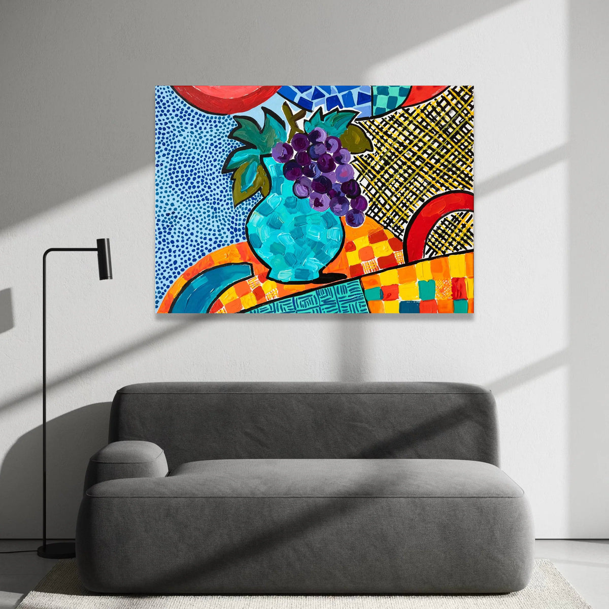 Vibrant David Hockney Style Still Life Canvas, Colorful Abstract Vase and Grapes Wall Art, Modern Pop Art Home Decoration Canvas Print Art