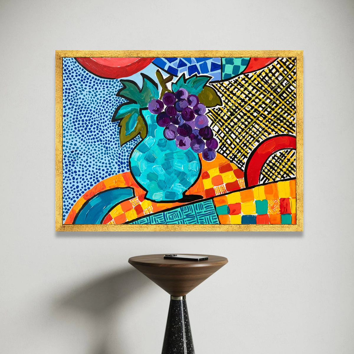 Vibrant David Hockney Style Still Life Canvas, Colorful Abstract Vase and Grapes Wall Art, Modern Pop Art Home Decoration Canvas Print Art