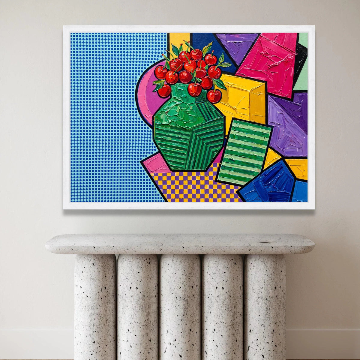 David Hockney Style Modern Still Life Canvas, Cherry Vase Pop Art Wall Decor, Colorful Geometric Abstract Art, Contemporary Canvas Print Art