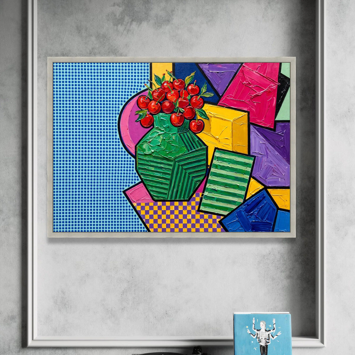 David Hockney Style Modern Still Life Canvas, Cherry Vase Pop Art Wall Decor, Colorful Geometric Abstract Art, Contemporary Canvas Print Art