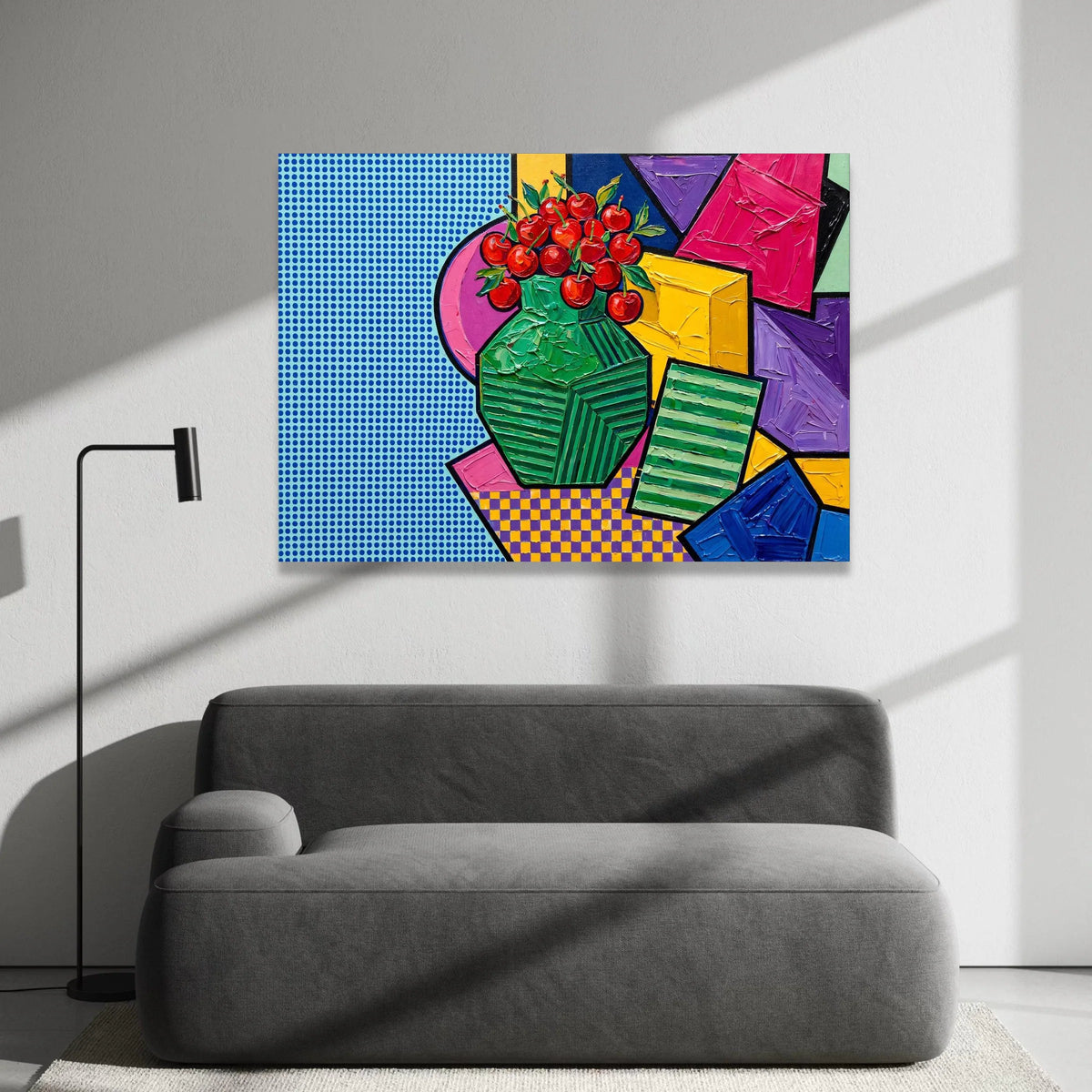 David Hockney Style Modern Still Life Canvas, Cherry Vase Pop Art Wall Decor, Colorful Geometric Abstract Art, Contemporary Canvas Print Art