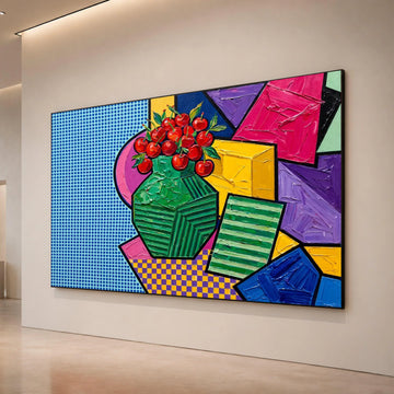 David Hockney Style Modern Still Life Canvas, Cherry Vase Pop Art Wall Decor, Colorful Geometric Abstract Art, Contemporary Canvas Print Art