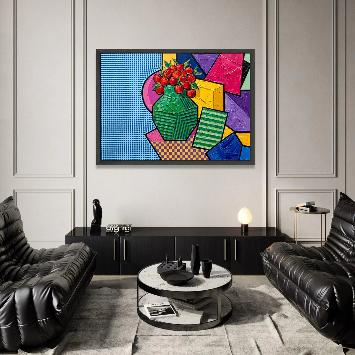 David Hockney Style Modern Still Life Canvas, Cherry Vase Pop Art Wall Decor, Colorful Geometric Abstract Art, Contemporary Canvas Print Art