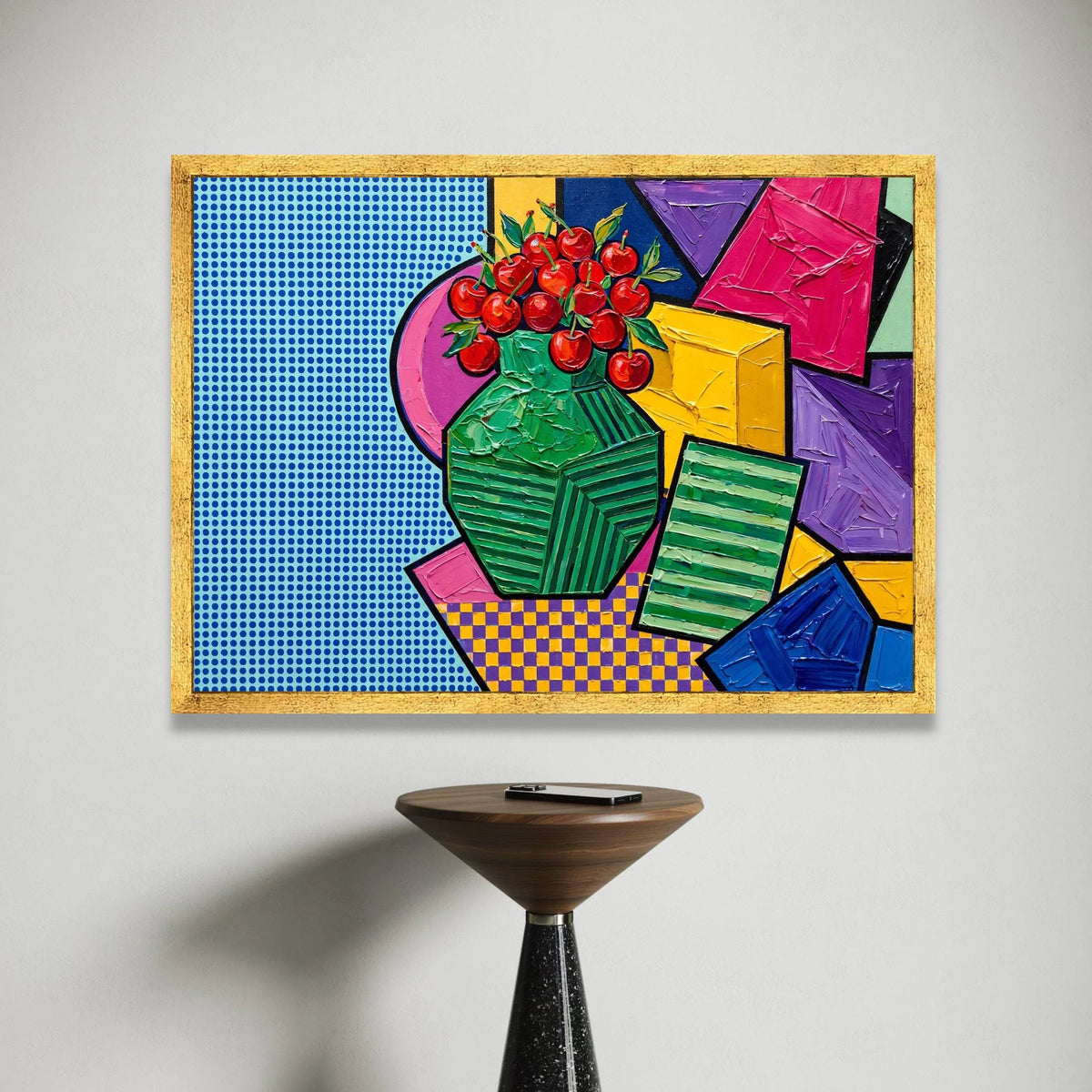 David Hockney Style Modern Still Life Canvas, Cherry Vase Pop Art Wall Decor, Colorful Geometric Abstract Art, Contemporary Canvas Print Art