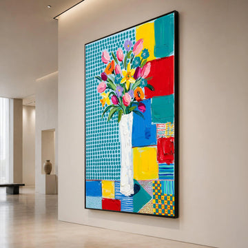 David Hockney Style Floral Bouquet Canvas Wall Art, Vibrant Modern Abstract Flowers, Colorful Home Decoration, Contemporary Canvas Print Art