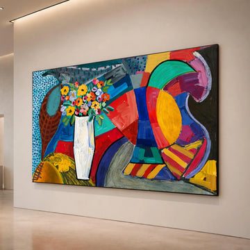David Hockney Style Vibrant Floral Still Life Canvas Wall Art, Colorful Abstract Bouquet Painting, Modern Home Decor Canvas Print Art