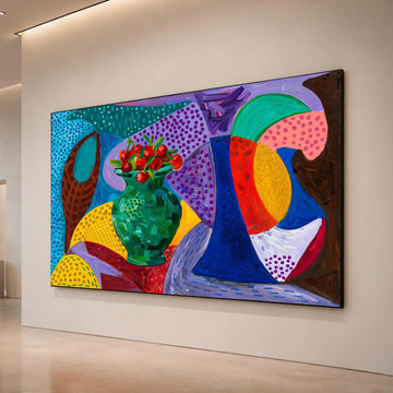 David Hockney Style Still Life Canvas, Colorful Vase and Fruit Art, Modern Abstract Home Decor, Bold Geometric Wall Art Canvas Print Art