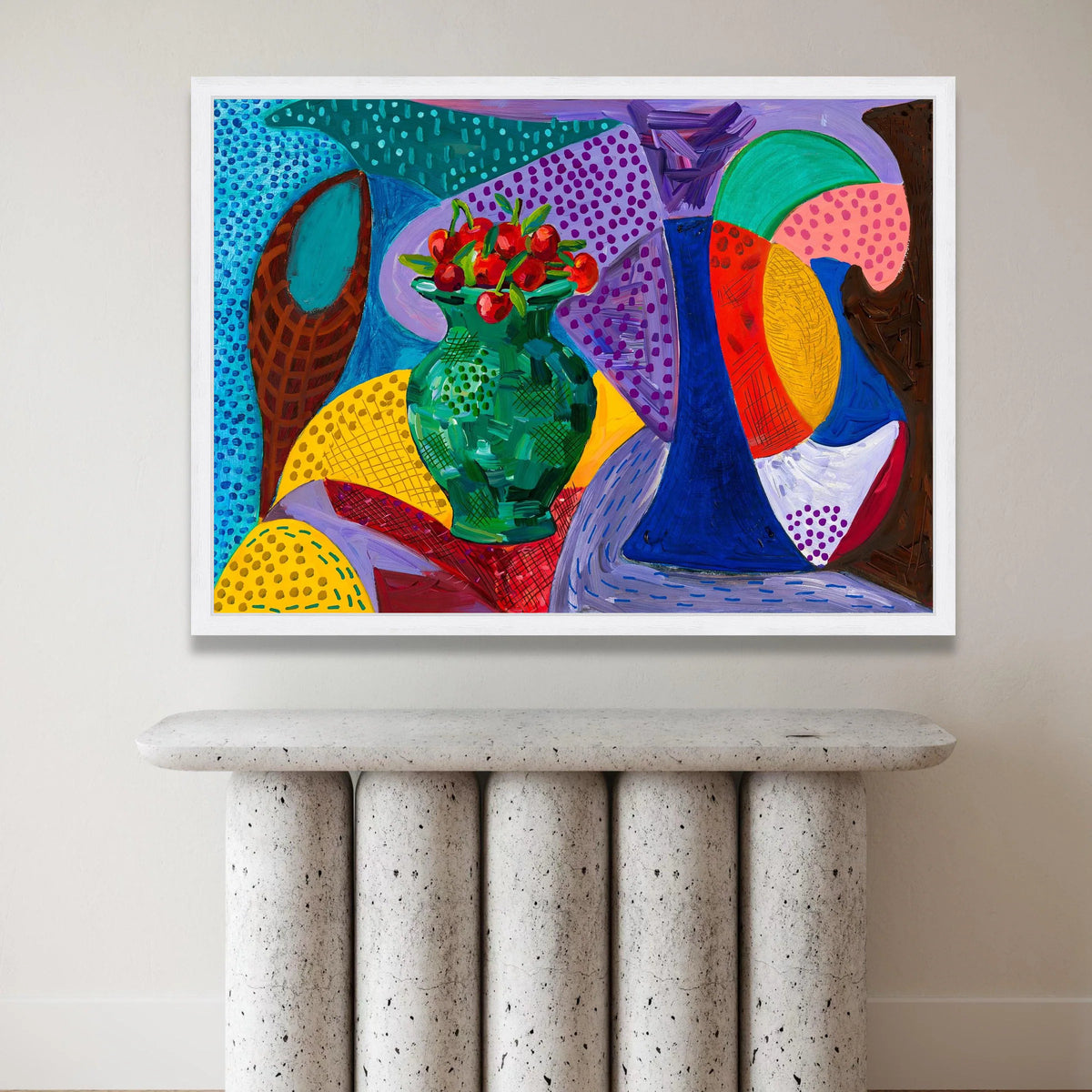 David Hockney Style Still Life Canvas, Colorful Vase and Fruit Art, Modern Abstract Home Decor, Bold Geometric Wall Art Canvas Print Art