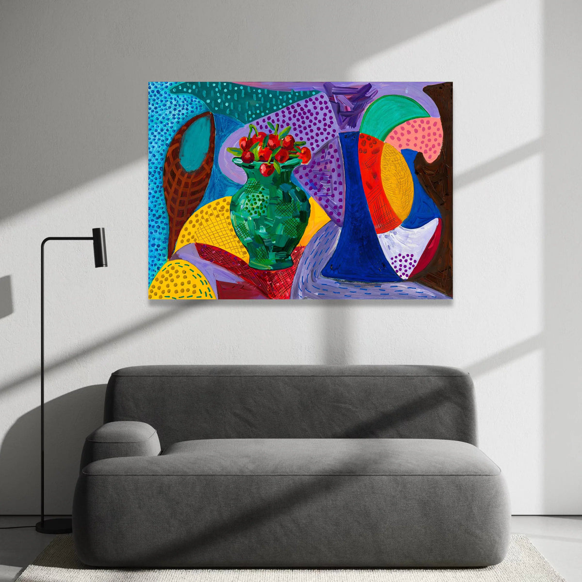 David Hockney Style Still Life Canvas, Colorful Vase and Fruit Art, Modern Abstract Home Decor, Bold Geometric Wall Art Canvas Print Art